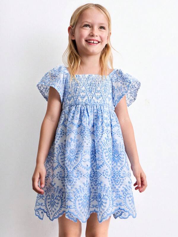 THE HAPPY LOOK Young Girls Cute Summer Boho Eyelet Embroidery Smock Dresses