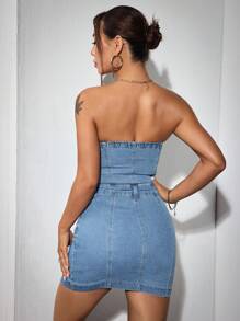 SHEIN PETITE Strapless Denim Mini Dress, Stretchy Bodycon Sleeveless Denim Dress Suitable For Petite Women In Summer - Light Wash - View 2