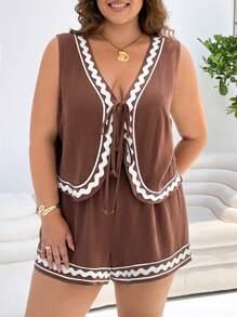 Comfortcana 波西米亚拼色 V 领系带短款开衫和短裤套装，加大码，度假风格 - 棕色 - 查看 9