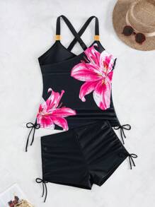 Swim Lushoire Conjunto de 2 piezas de traje de baño tipo tankini para mujer, compuesto por una parte superior de tirantes con estampado de plantas y cordón y una Bottom de alta cintura con cordón, para llevar en la playa y vacaciones de verano - Multicolor - Ver 8