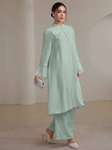 Graceveil 2pcs/Set Women Elegant Stand Collar Ruffle Cuff Long Sleeve Set Modest Fall Cloth For Women