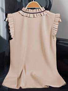 Franclia 无袖荷叶边休闲宽松衬衫，优雅女士衬衫，红色女式夏季上衣 - 卡其色 - 查看 2