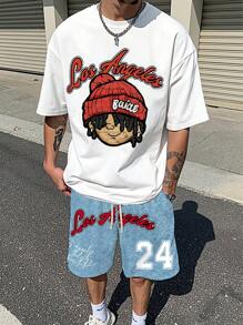 Manfinity EMRG Men's Stylish Street Cartoon & Alphabet Numeric Printed Short Sleeve T-Shirt And Shorts Set, Summer - Multicolor - View 2
