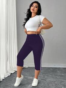 SHEIN LUNE 大码女式条纹休闲紧身弹力运动七分紧身裤，修身款，春夏季 - 紫色 - 查看 4