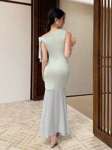 SHEIN LUNE 纯色网纱拼接斜肩系带蝴蝶结优雅女装 - 綠色 - 查看 2