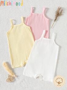 3pcs/Set Baby Girl Simple Solid Color Strap Vest Jumpsuit Set, Comfortable Pure Cotton, Summer Cotton Baby Clothes 100 Cotton Baby Clothes Cotton Clothes Baby Holiday Travel Releax Summer Clothes Cotton - Multicolor - View 1