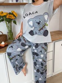 SHEIN Conjunto de pijama de manga corta con estampado de koalas de viscosa de punto talla grande en gris