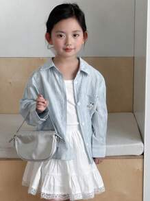 Dazy Kids 少女卡通兔子印花落肩单排扣衬衫 - 藍色 - 查看 6