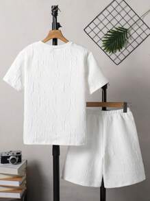 Vacaura Boy Summer Outfit 2pcs Tween Boys Fashion White Embroidered T-Shirt Set, Suitable For Summer Casual Wear, Photo Shooting, School, Cool Tween BoysOutfit Young Boys Suit Set Boys Clothes Cotton Boy Clothes Set Boy Clothes Sets Boys Clothes Sets - White - View 2