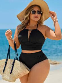 SHEIN Swim Lushore Bộ đồ bơi cổ yếm màu trơn cỡ lớn & quần bơi tam giác - màu đen - Xem 5