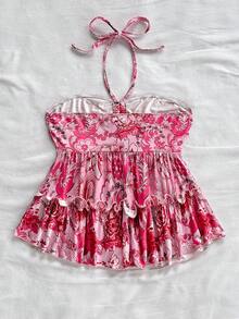 Soleia Áo thun thường ngày in hoa cổ yếm nhún bèo cho lễ hội âm nhạc Hippie dành cho nữ - Nhiều màu - Xem 2