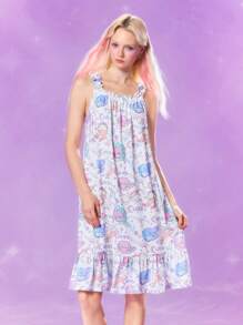 Pop Mart Azura X SHEIN 荷叶边蝴蝶结无袖长款白色星星图案休闲卡通可爱夏季舒适女士睡袍 - 白色 - 查看 1