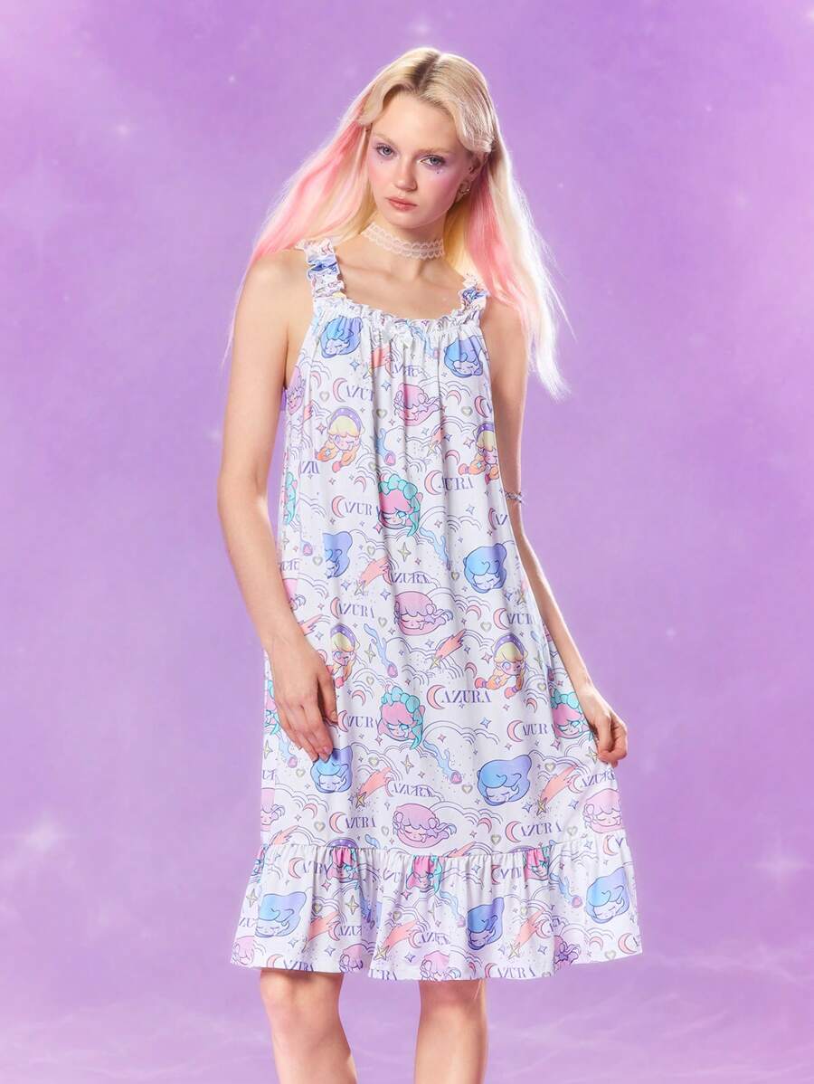 Pop Mart Azura X SHEIN 荷叶边蝴蝶结无袖长款白色星星图案休闲卡通可爱夏季舒适女士睡袍 - 白色 - 查看 1