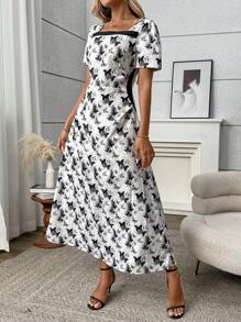 SHEIN LUNE Women's Square Collar Butterfly Print Dress