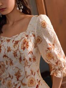 ZEYLAH Floral Print Embroidered Square Collar Lantern Sleeve Women Shirt - White - View 2