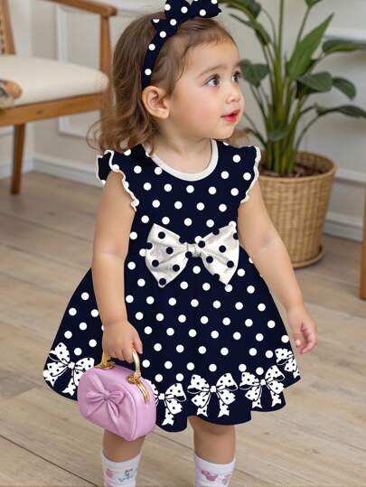 SHEIN Söt prickig klänning med rosett och långärmad tryck för babyflicka, lämplig för höst/vinter, rosett, prinsesschic, familjeutflykter, enkel komfort, uppskattad liten glädje, elegant outfit, babyns nödvändigheter, avkopplande semester, koreansk stil