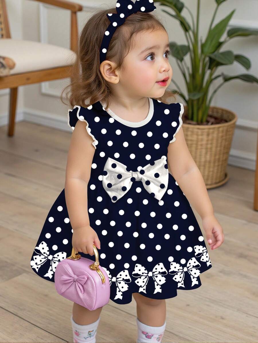 SHEIN Söt prickig klänning med rosett och långärmad tryck för babyflicka, lämplig för höst/vinter, rosett, prinsesschic, familjeutflykter, enkel komfort, uppskattad liten glädje, elegant outfit, babyns nödvändigheter, avkopplande semester, koreansk stil - Multifärgad - Visa 1