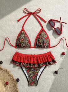 Soleia Bikini 2 mảnh họa tiết da báo và quả anh đào chắp vá màu đỏ buộc dây hai lớp trang trí nơ xếp nếp cho kỳ nghỉ dành cho nữ - Nhiều màu - Xem 1