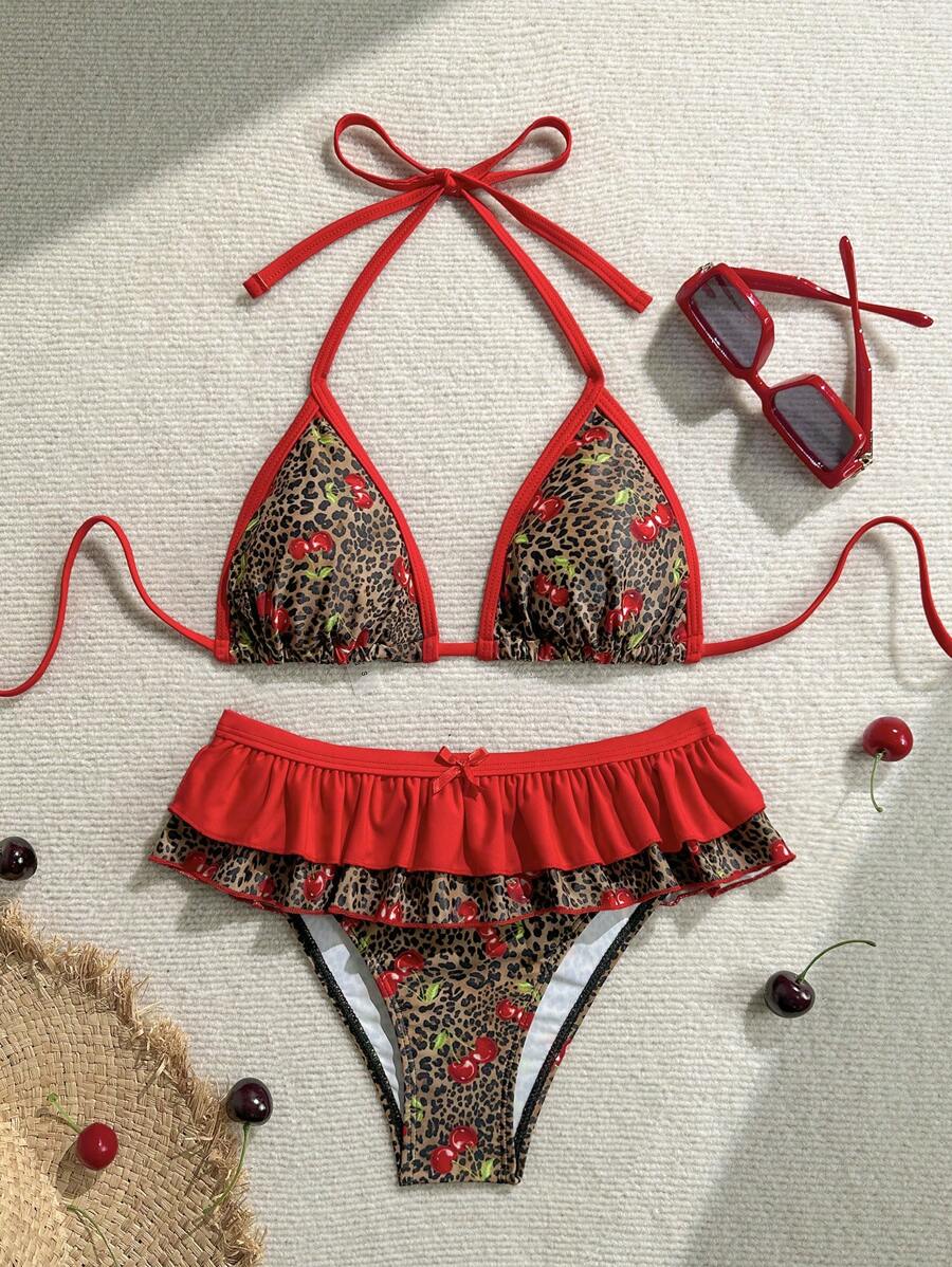 Soleia Bikini 2 mảnh họa tiết da báo và quả anh đào chắp vá màu đỏ buộc dây hai lớp trang trí nơ xếp nếp cho kỳ nghỉ dành cho nữ - Nhiều màu - Xem 1