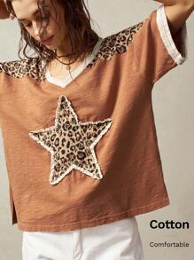 Bohemela Plus Size Women Leopard Print Patchwork Contrast Trim V-Neck Loose T-Shirt, Casual Street Fashion, Summer,Vintage,Vintage