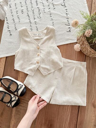 LMoss Kids Set da 2 pezzi per ragazze, composto da top e pantaloncini corti in colore unito in lino, set estivo in lino per bambine