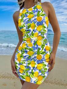 SHEIN EZwear 女款極簡休閒度假風檸檬印花無袖圓領中長版修身夏季洋裝，迷你度假洋裝，適合外出穿著的時尚洋裝 - 彩色 - 查看 4