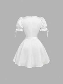 SHEIN MOD 泡泡袖蕾丝拼布腰带浪漫连衣裙 - 白色 - 查看 3