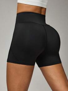 SHEIN Sports Women's Plain Color Sports Shorts, Fashionable For Summer - Black - View 2