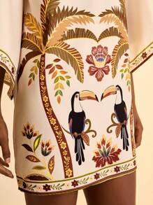Bohemian Holiday Casual Tropical Floral, Toucan & Banana Tree Print Beach Backless Mini Dress For Women - Multicolor - View 5