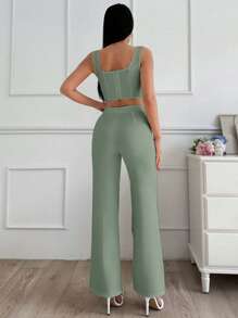 EURMUSE 纯色女式紧身胸衣上衣和阔腿修身裤优雅两件套 - 薄荷綠 - 查看 2