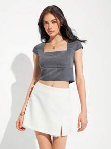 Roylia Women Square Collar Short Sleeve Grey Striped Crop Blouse - Grey - View 4