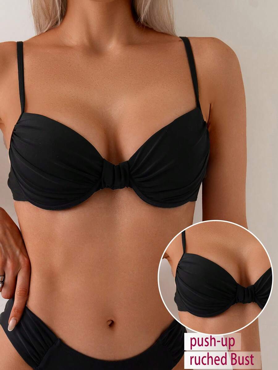 SHEIN Swim Women Summer Solid Color Underwire Push Up Ruched Bikini Swimwear Top - Black - View 1