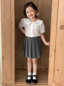 DAZY Young Girl Summer Striped Ruffled Collar Short Sleeve Shirt With Pleated Skirt Set - Grey - View 4