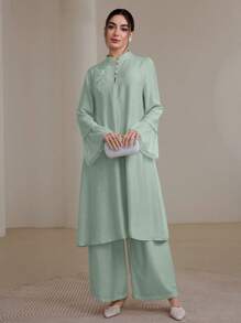 Graceveil 2pcs/Set Women Elegant Stand Collar Ruffle Cuff Long Sleeve Set Modest Fall Cloth For Women