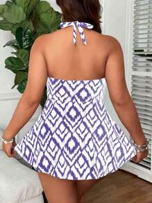 Swim Lushoire Plus Size Women 2pcs/Set Printed Tankini Bikini Set With Drawstring Top, Conceals Belly, Ideal For Resort Vacation,Dress,Vacation Outfits Woman,Beach Outfits For Woman For Summer - Purple - View 2