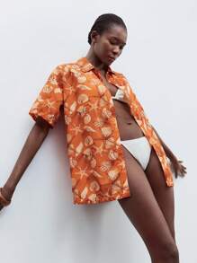 Maija Vestido de playa de manga corta con estampado de océano para mujer