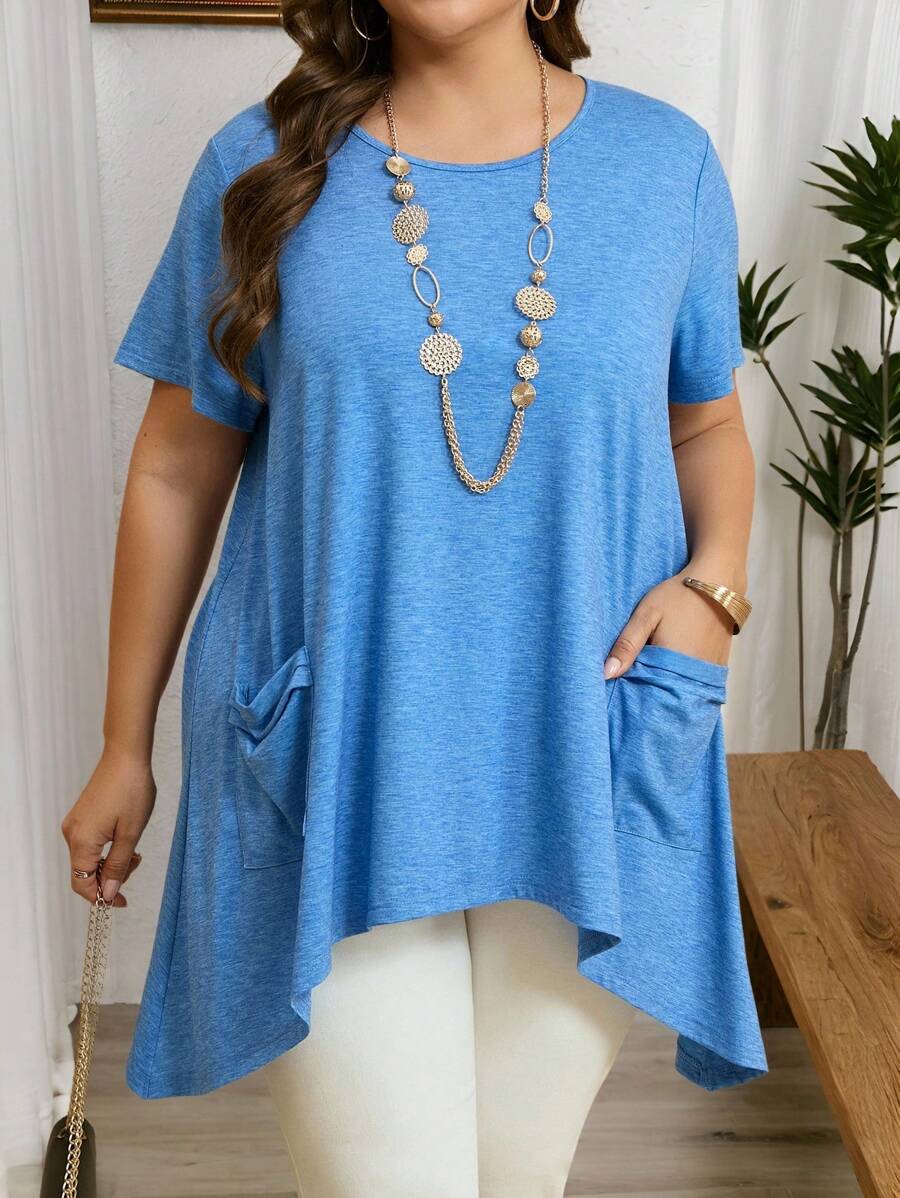 EMERY ROSE Lässiges T-Shirt in Übergröße mit minimalistischer Tasche und asymmetrischem Saum, kurzärmelig, Sommer-Tunika-Oberteil