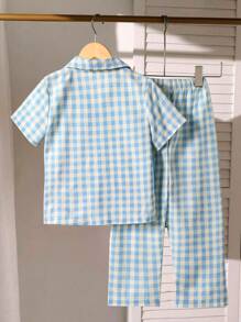 2件套小男孩休闲熊刺绣格子印花短袖上衣和裤子家居服返校时尚