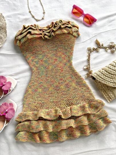 Soleia Women's Fashion Multi-Layer Ruffle Hem Mini Knitted Tube Dress