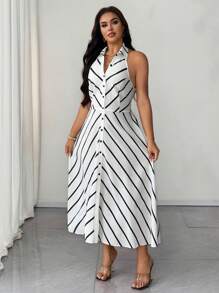 SHEIN Unity Plus Size Striped Collared Button Down Waist Cinched Waist Midi Dress, Work Casual For Summer - Black and White - View 3
