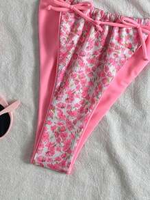 SHEIN Conjunto de 2 piezas para mujer con parte superior de triángulo con estampado floral aleatorio y Bottom de bikini, ideal para verano, playa y vacaciones