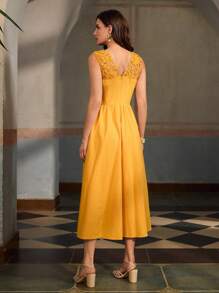 ZEYLAH Váy ren thêu vá không tay thanh lịch - Màu vàng - Xem 3