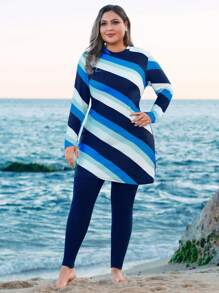 Swim Shayni 大码女式中东风格拉链条纹数码印花保守长袖上衣和裤子两件套泳衣，适合海滩、派对、度假 - 彩色 - 查看 3