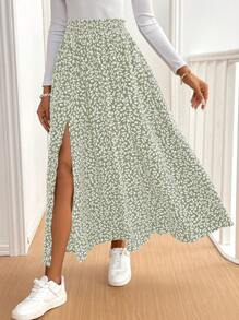 SHEIN Frenchy Women Ditsy Floral Slit Frill Trim Casual Maxi Skirt Summer Green - Green - View 5