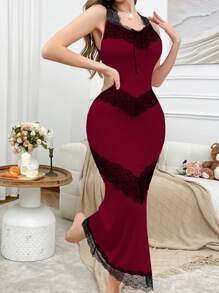 SHEIN Váy ngủ đuôi cá ren vá thanh lịch, bó sát dành cho nữ - Màu Đỏ Sâu - Xem 5