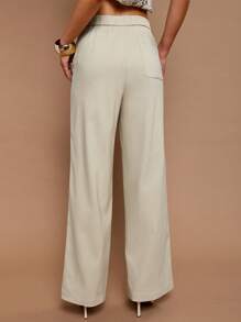 COSMINA Women's Solid Color Side Slit Elegant Office Wide Leg Pants - Beige - View 2