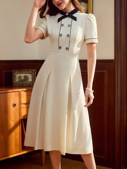 Vintamour 复古优雅女式连衣裙，带口袋，撞色蝴蝶结装饰，纽扣和荷叶边下摆，A 字形通勤休闲女式夏装，婚礼宾客礼服，女式夏季服装，节日服装，毕业礼服，度假服装，节日服装，女式毕业礼服，女式生日礼服，女式夏装，商务休闲女式工作服，女式毕业礼服，乡村音乐会服装