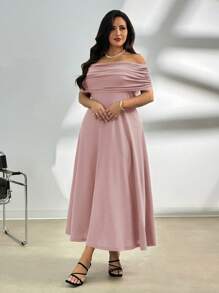 Firerie 大码女式优雅休闲露肩褶皱垂坠 A 字形无袖连衣裙，有弹性，适合通勤，春夏季 - 藕粉色 - 查看 1