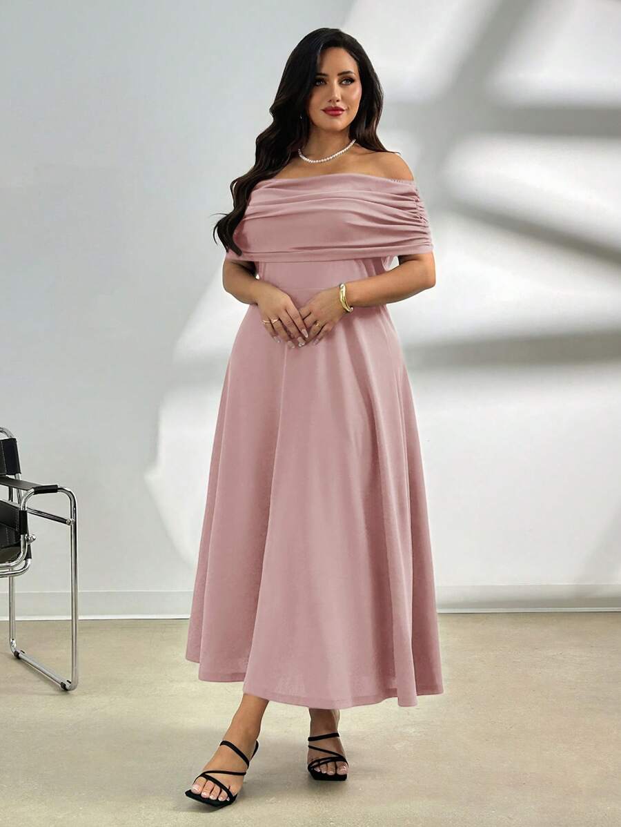 Firerie 大码女式优雅休闲露肩褶皱垂坠 A 字形无袖连衣裙，有弹性，适合通勤，春夏季 - 藕粉色 - 查看 1