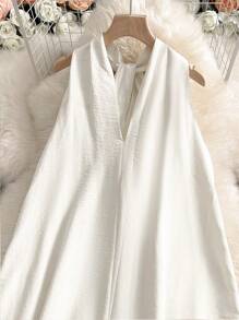 INAWLY Robe midi ample sans manches à col en V avec poches, style minimaliste - Nude - Voir 5